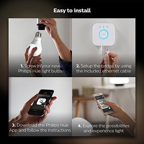 Philips Hue White A19 60W Equivalent LED Smart Light Bulb Starter Kit, 4 A19 White Smart Bulbs and 1 Hub, Works with Alexa, Apple HomeKit and Google Assistant, (California Residents)